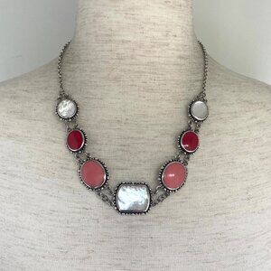 Sterling Silver 925 Chunky Mother Of Pearl Pink Red Rolo Chain Panel Necklace